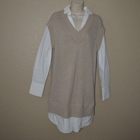 NWOT Sz S Brochu Walker Beige Sweater Contrast White Blouse V-Neck Dress - Picture 1 of 6